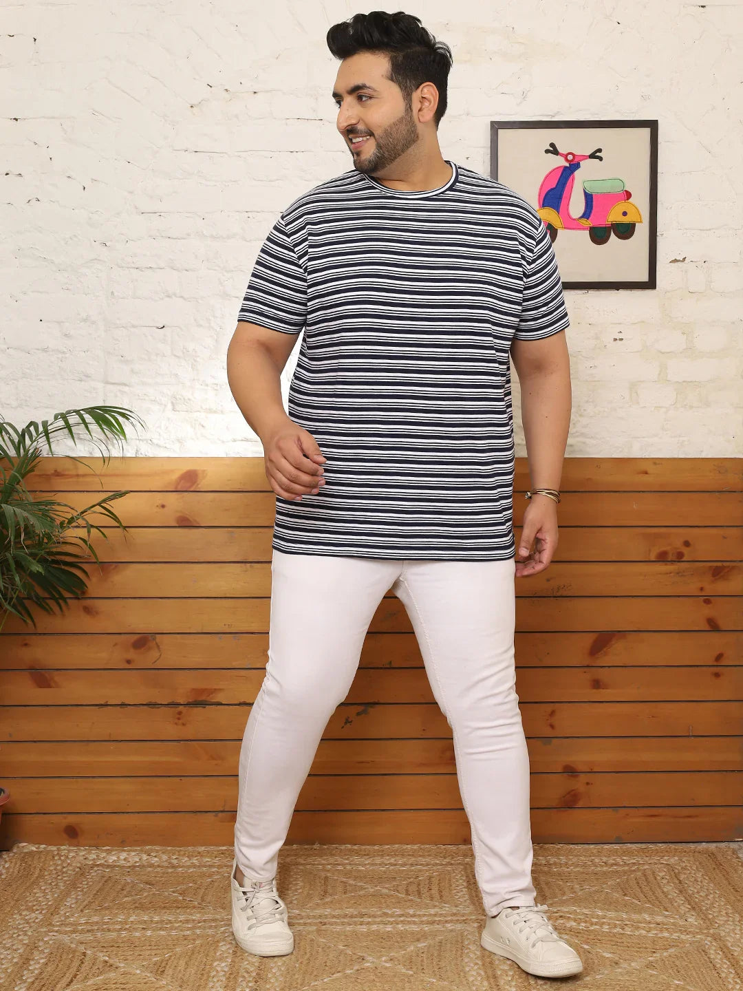Men Plus Size Fadeon Striped Multicolored Round Neck Tshirt - bigbanana