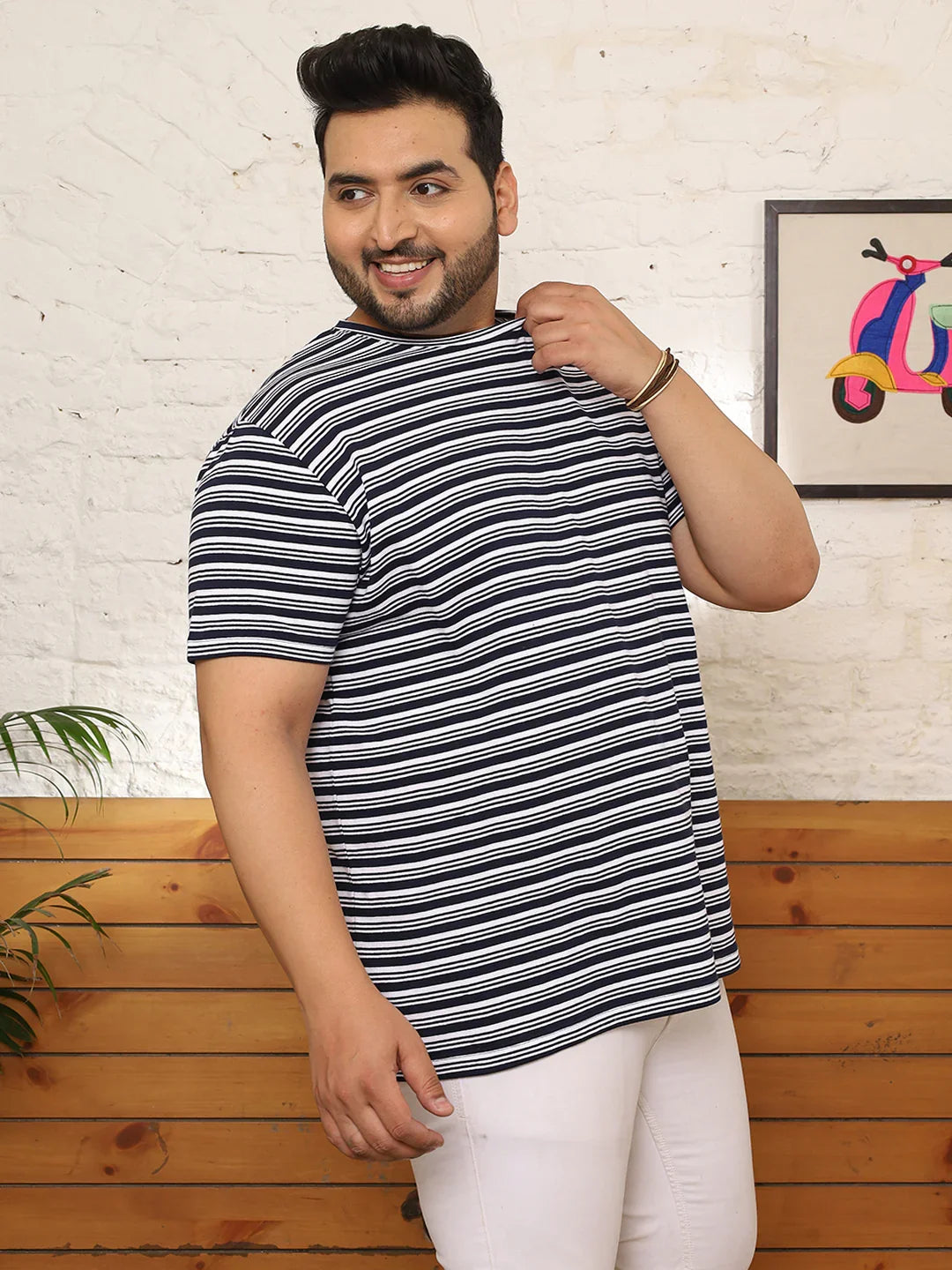 Men Plus Size Fadeon Striped Multicolored Round Neck Tshirt - bigbanana