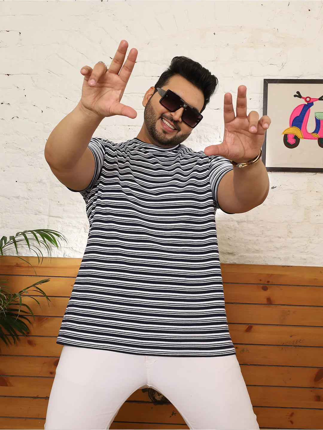 Men Plus Size Fadeon Striped Multicolored Round Neck Tshirt - bigbanana