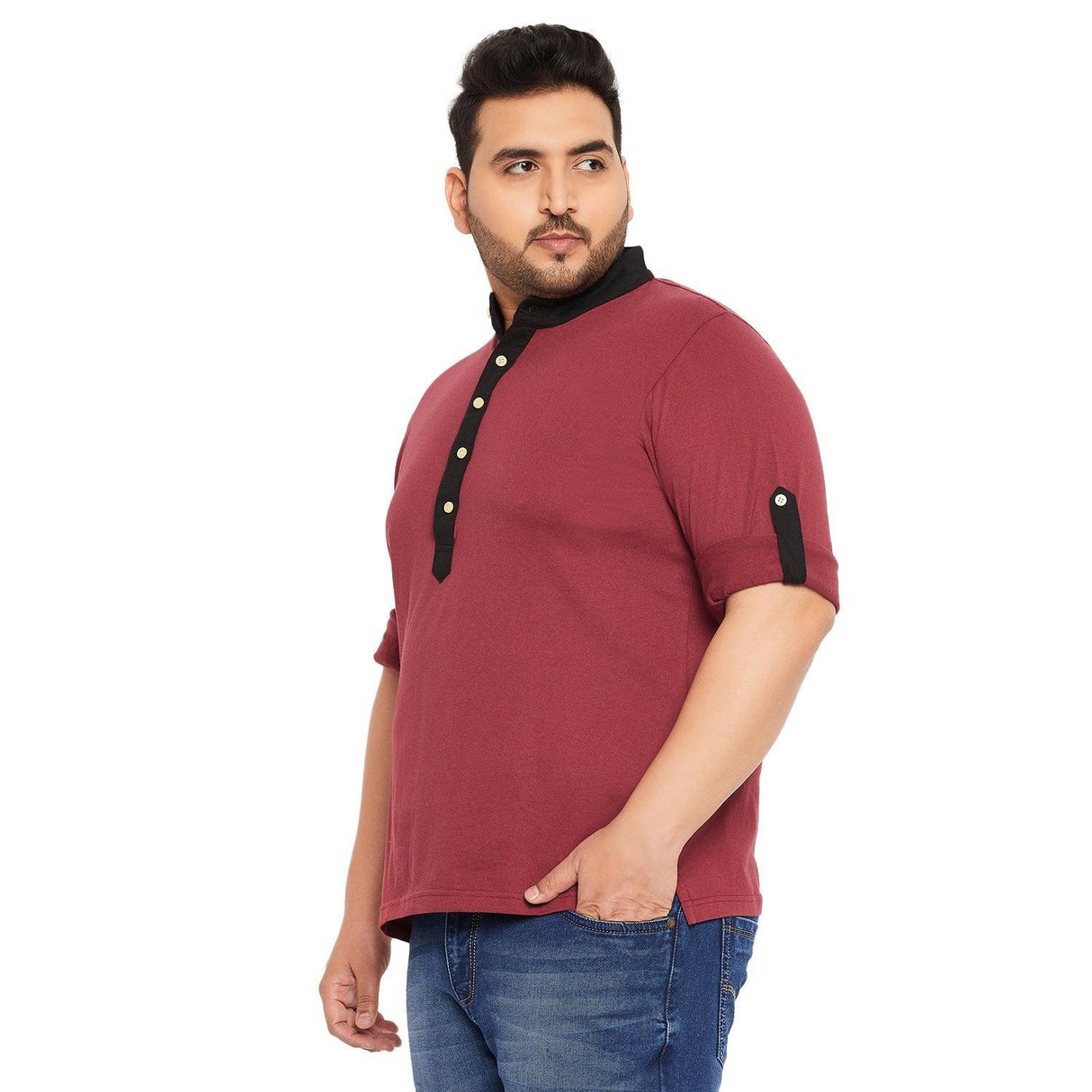 Men Plus Size Fantco-Maroon Solid Henley Tshirt - bigbanana
