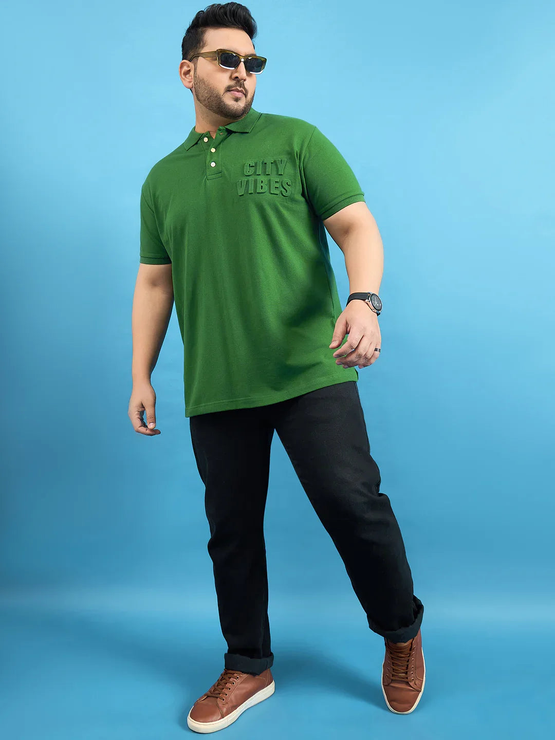 Men Plus Size Farrow Bottle Green Solid Polo Tshirt - bigbanana