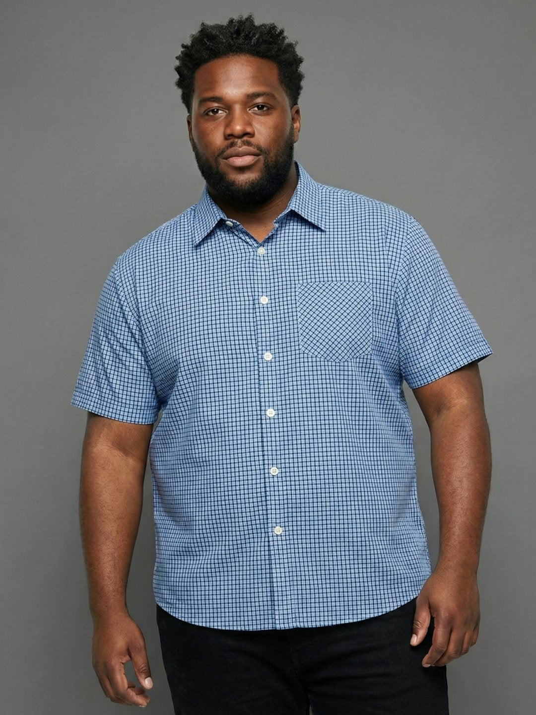 Men Plus Size Feather Sky-Blue Checkered Casual Shirt