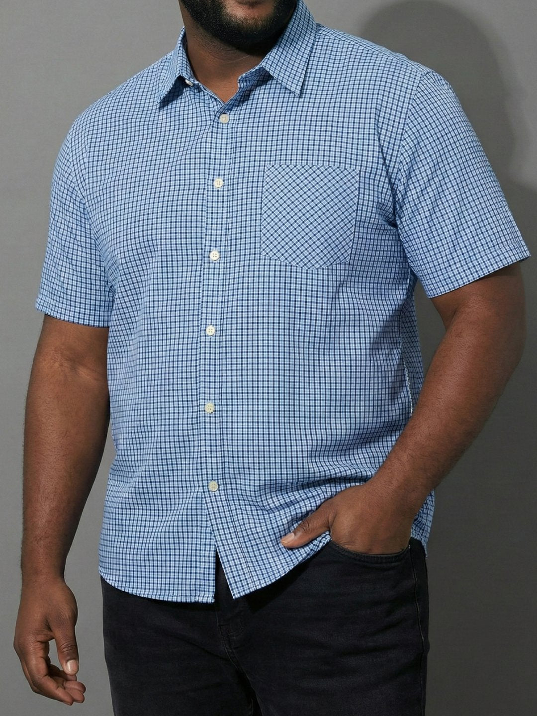 Men Plus Size Feather Sky-Blue Checkered Casual Shirt