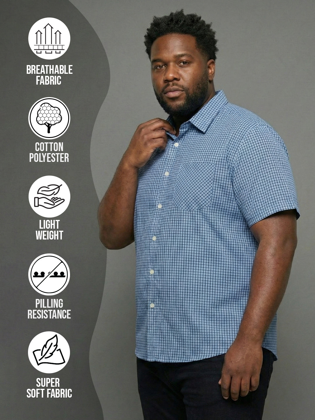 Men Plus Size Feather Sky-Blue Checkered Casual Shirt