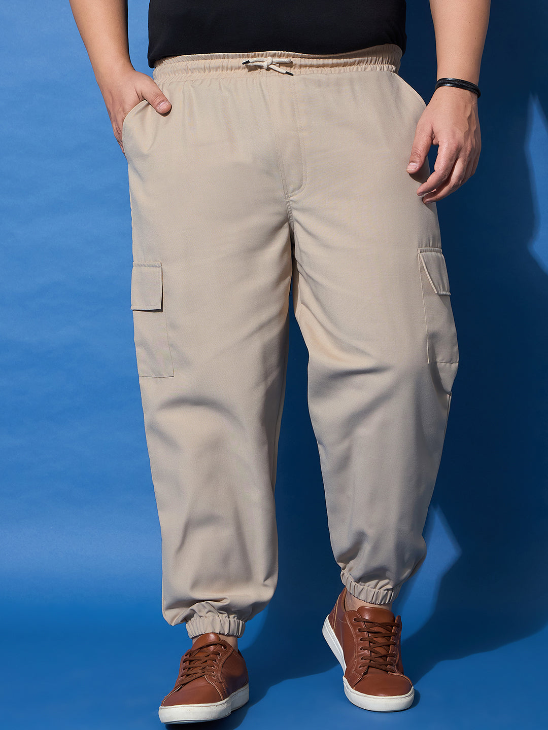 Men Plus Size Flex-Beige Solid Trouser