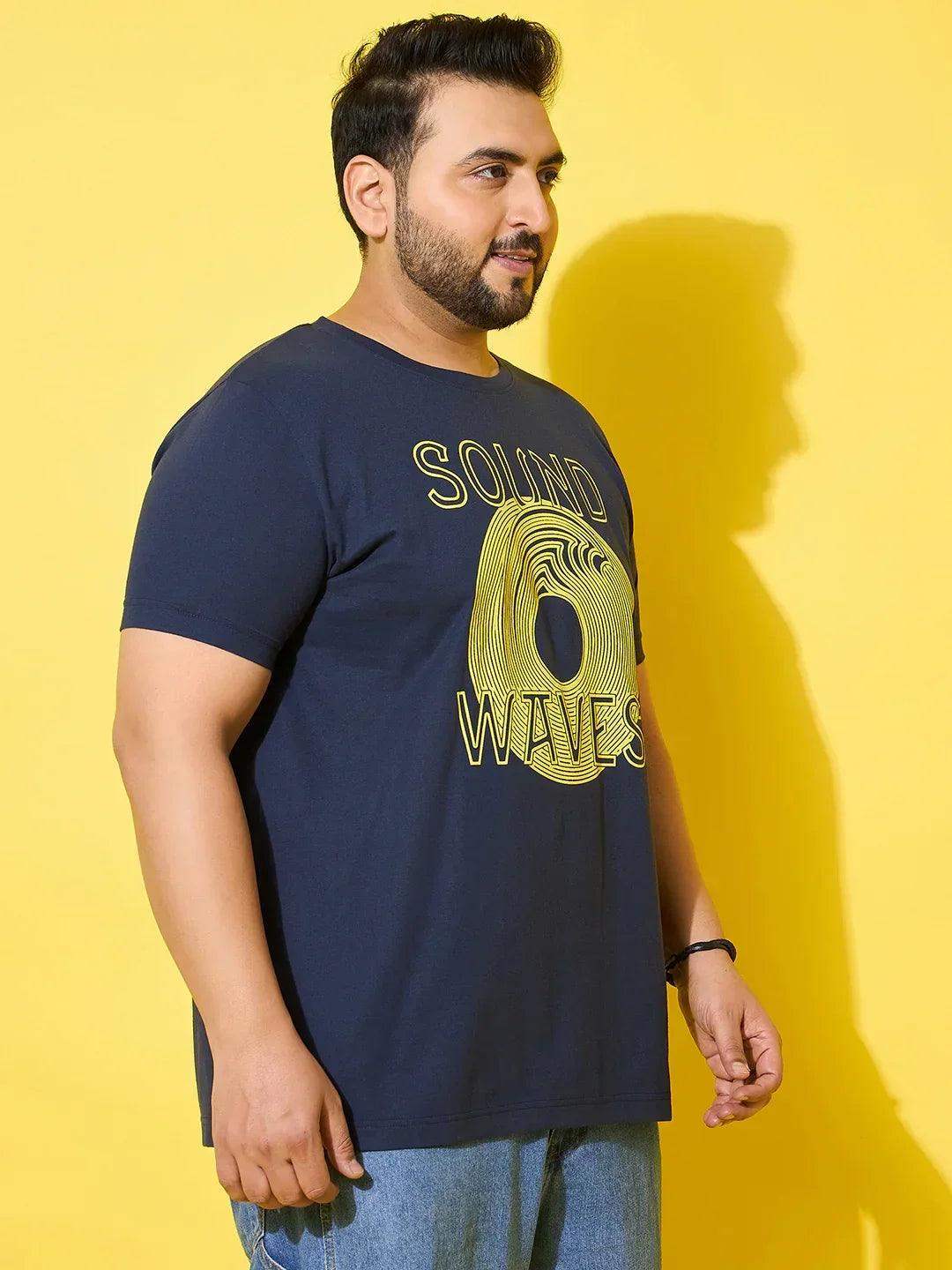 Men Plus Size Frequency Navy Printed Round Neck Tshirt
