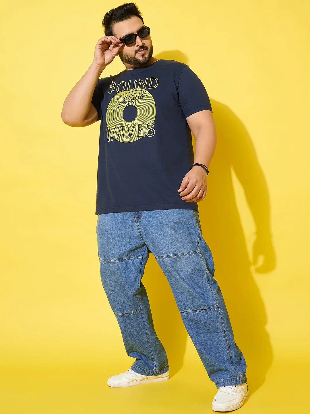 Men Plus Size Frequency Navy Printed Round Neck Tshirt