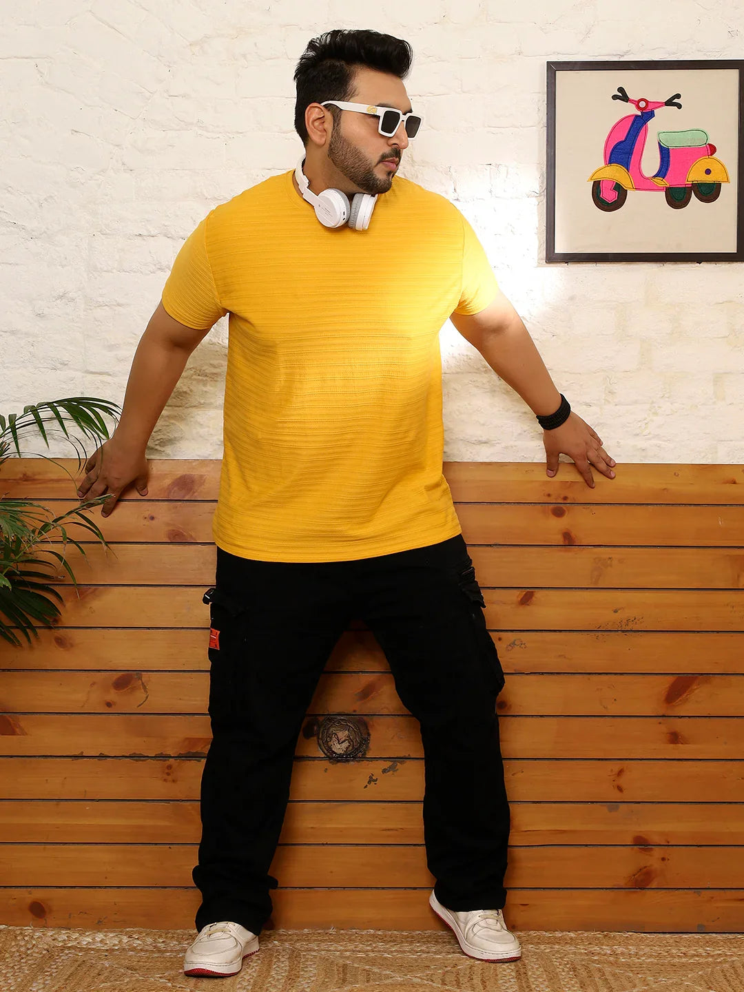 Men Plus Size Frilore Striped Multicolored Round Neck Tshirt - bigbanana