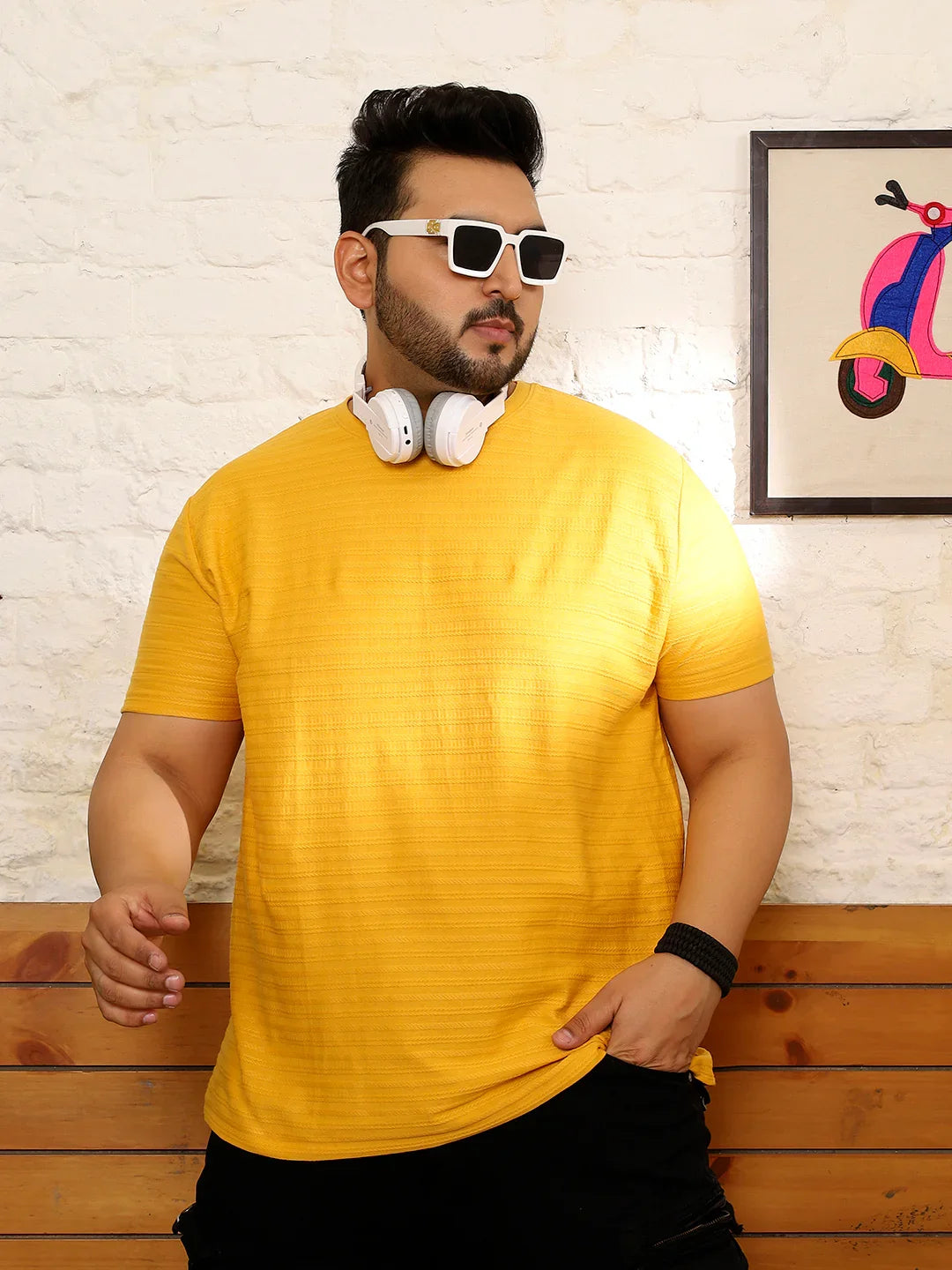 Men Plus Size Frilore Striped Multicolored Round Neck Tshirt - bigbanana