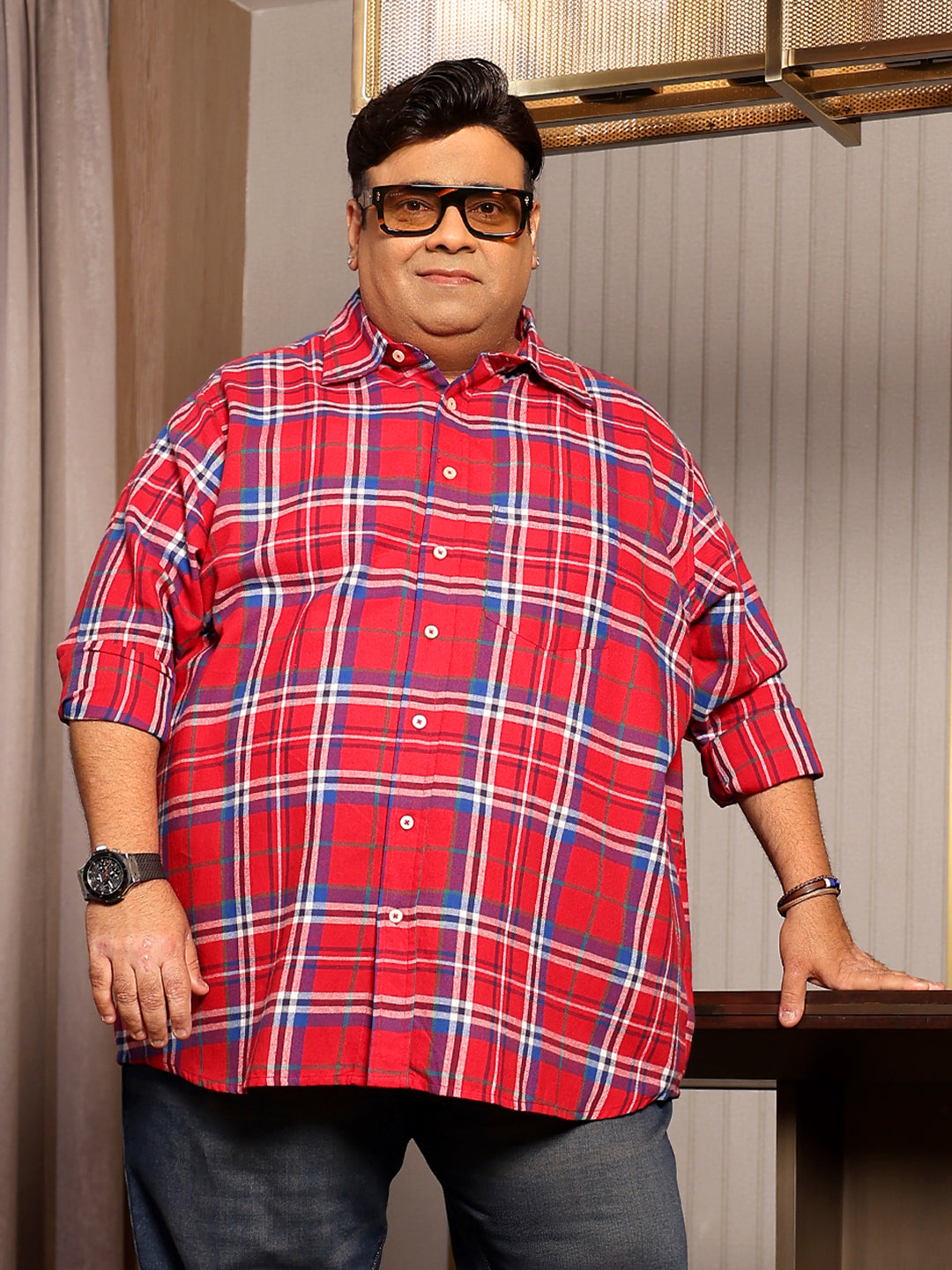 Men Plus Size Garnet Multicolor Checkered Casual Shirt