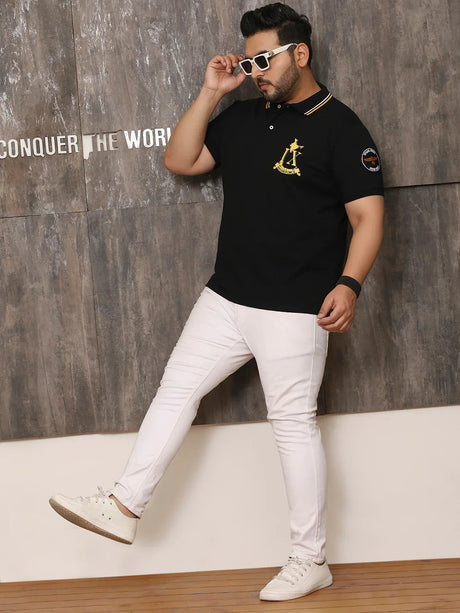 Men Plus Size Glam Solid Black Polo Tshirt - bigbanana