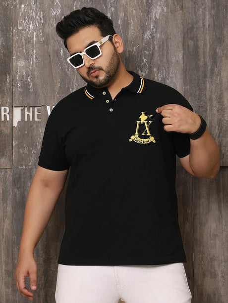 Men Plus Size Glam Solid Black Polo Tshirt - bigbanana