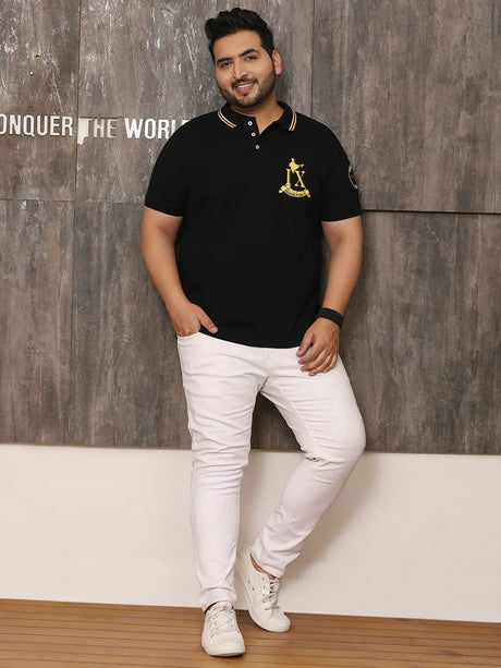 Men Plus Size Glam Solid Black Polo Tshirt - bigbanana