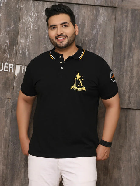 Men Plus Size Glam Solid Black Polo Tshirt - bigbanana