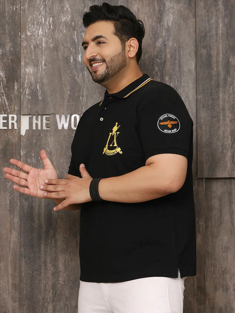 Men Plus Size Glam Solid Black Polo Tshirt - bigbanana
