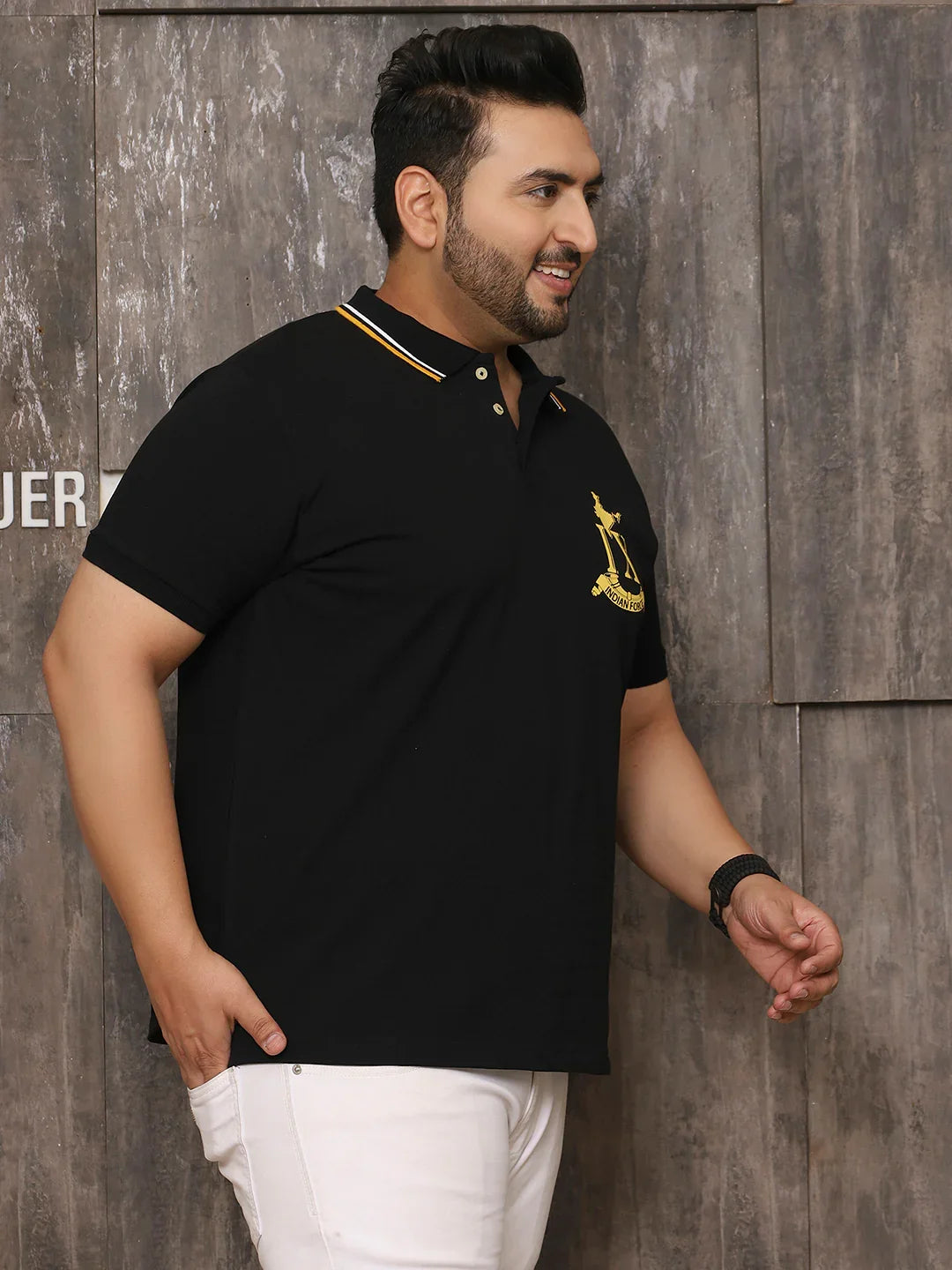 Men Plus Size Glam Solid Black Polo Tshirt - bigbanana