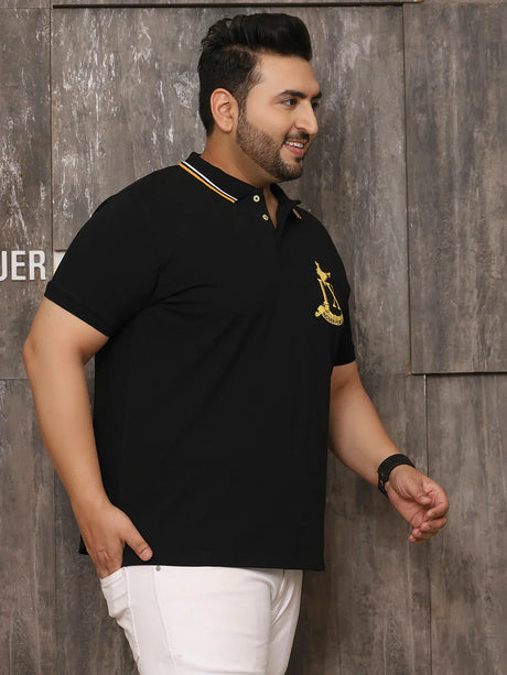 Men Plus Size Glam Solid Black Polo Tshirt - bigbanana