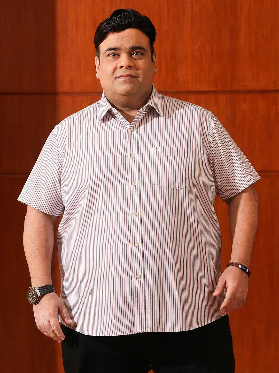 Men Plus Size Glimmer White Striped Casual Shirt