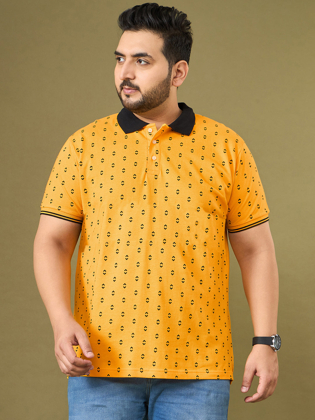 Men Plus Size Goldra Yellow Printed Polo Tshirt