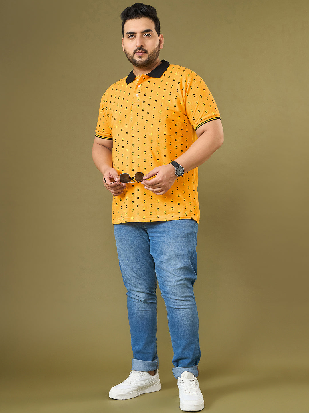 Men Plus Size Goldra Yellow Printed Polo Tshirt