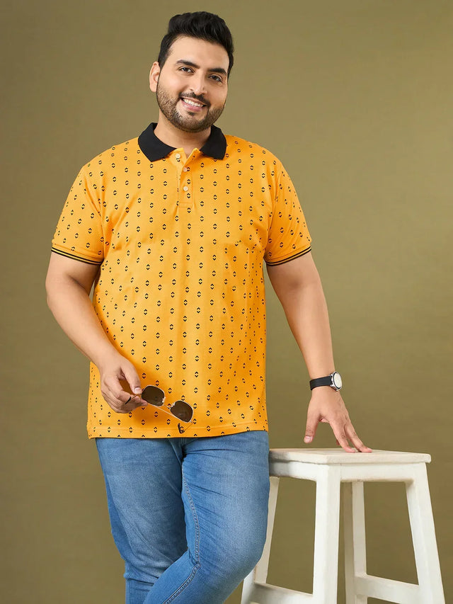Men Plus Size Goldra Yellow Printed Polo Tshirt