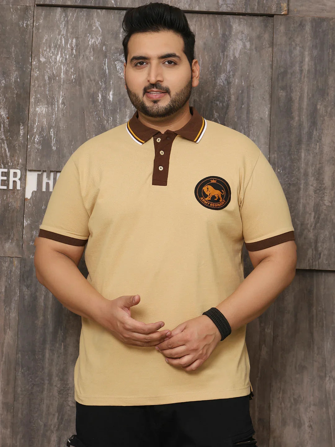 Men Plus Size Harajuku Solid Beige Polo Tshirt - bigbanana