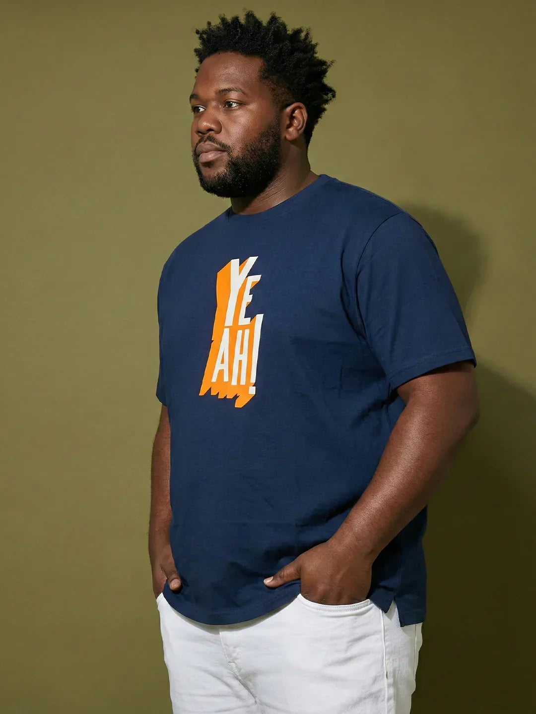 Men Plus Size Yaya Navy-Blue Printed Round Neck Tshirt