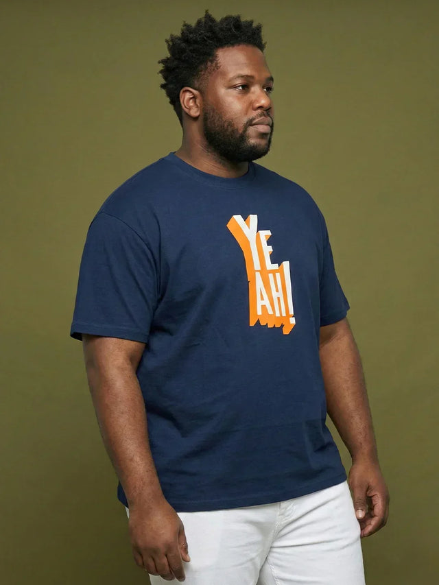 Men Plus Size Yaya Navy-Blue Printed Round Neck Tshirt