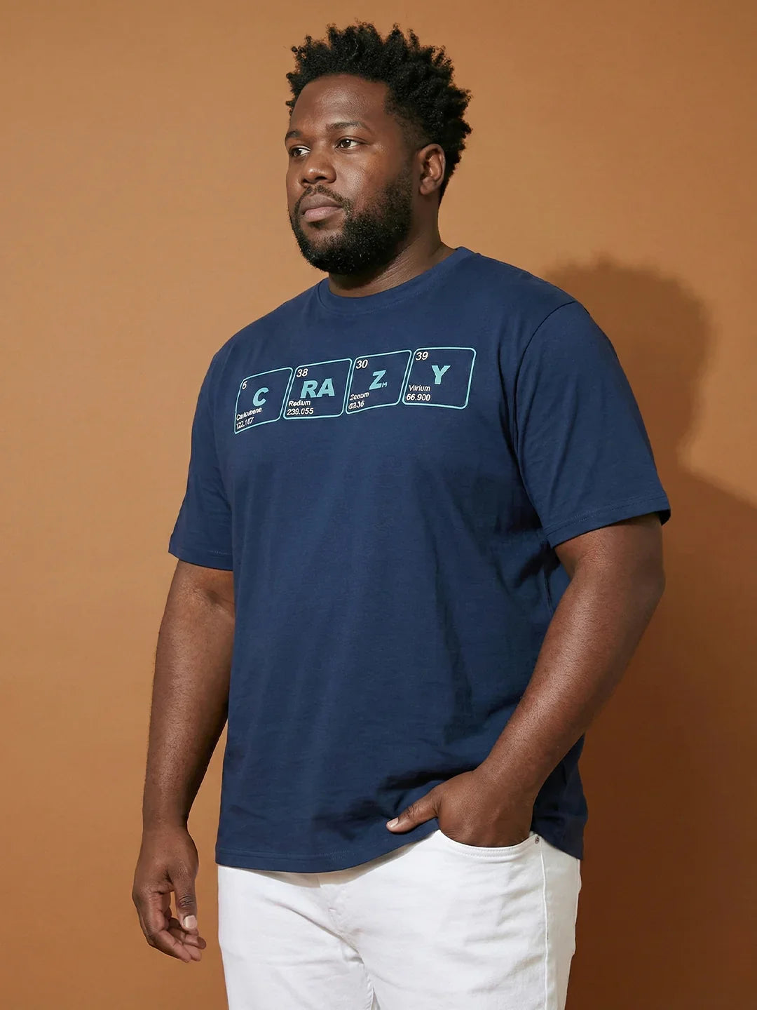 Men Plus Size Craycray Navy-Blue Printed Round Neck Tshirt
