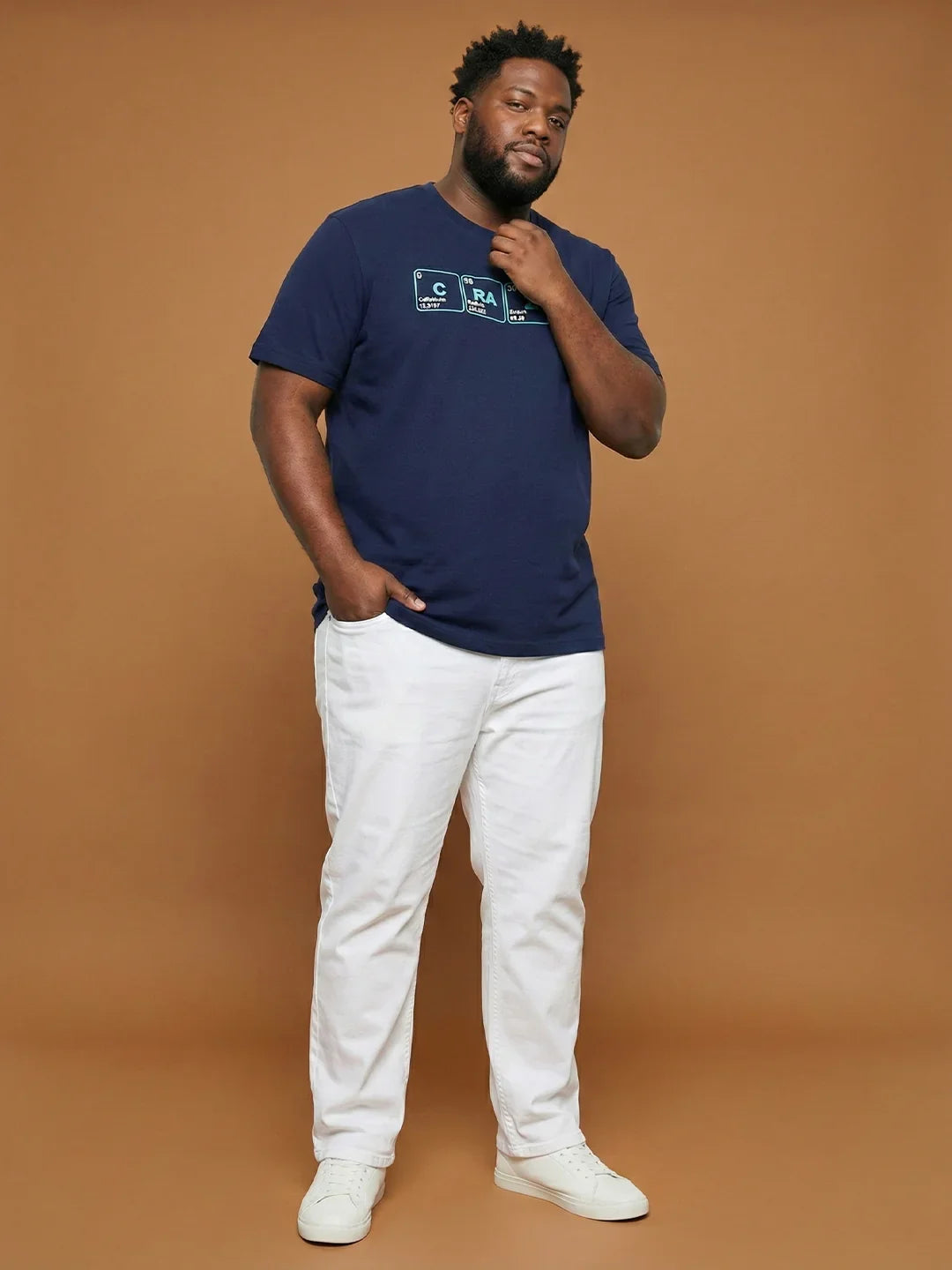 Men Plus Size Craycray Navy-Blue Printed Round Neck Tshirt