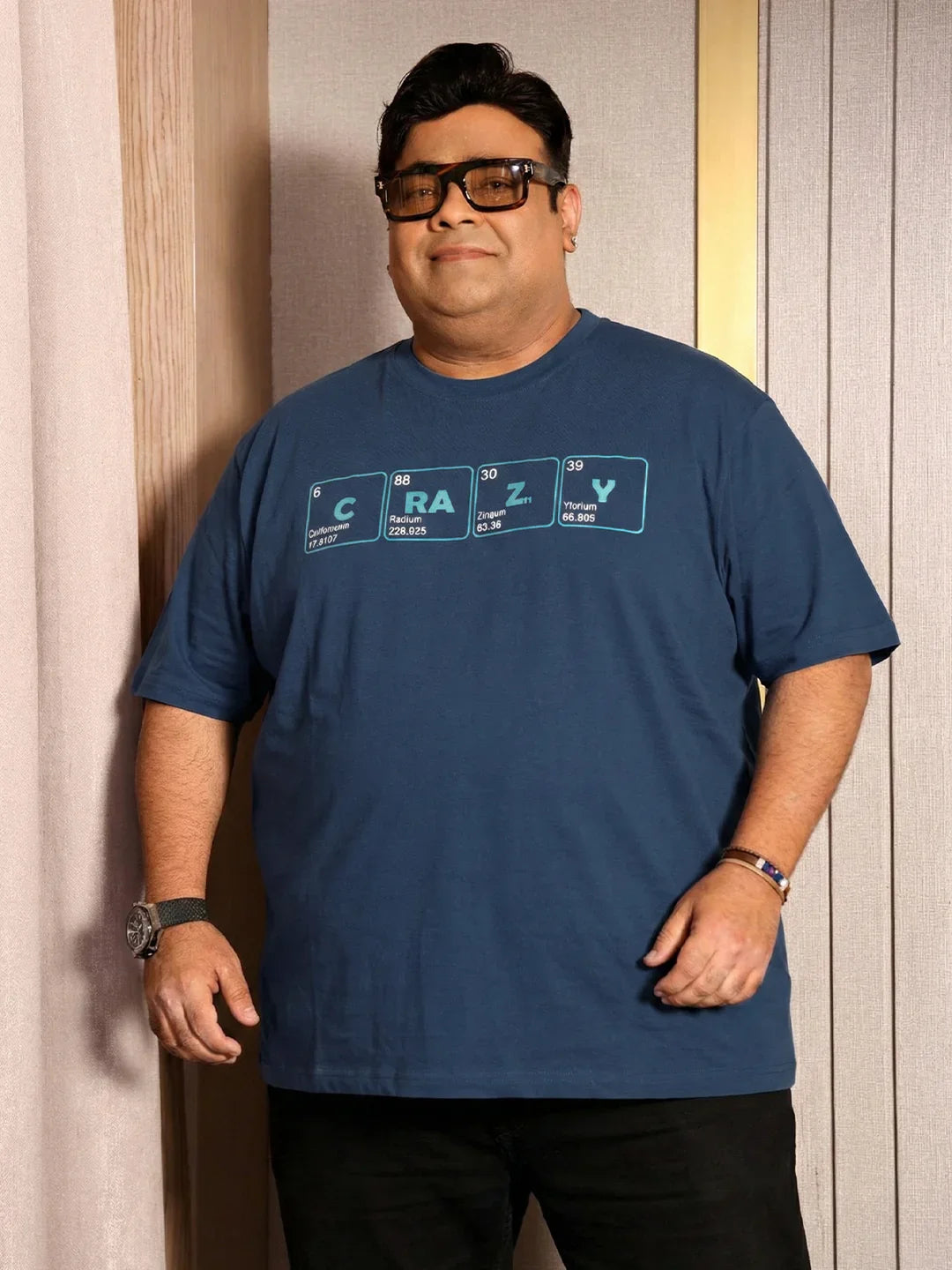 Men Plus Size Craycray Navy-Blue Printed Round Neck Tshirt