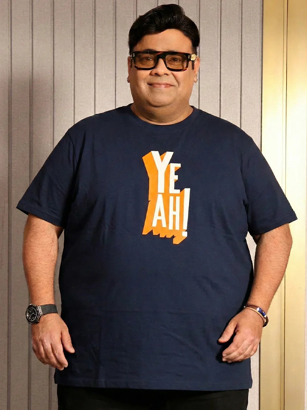 Men Plus Size Yaya Navy-Blue Printed Round Neck Tshirt