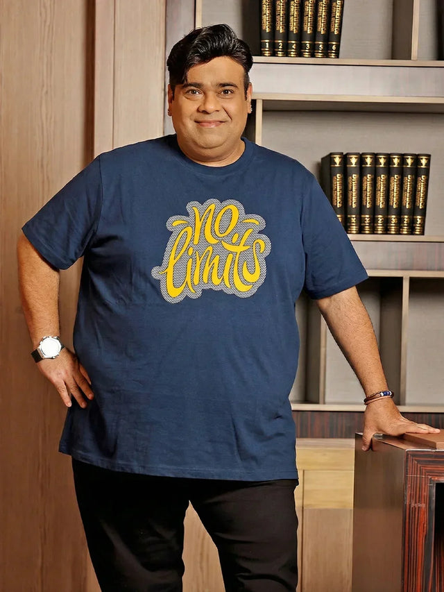 Men Plus Size Zerolim Navy-Blue Printed Round Neck Tshirt