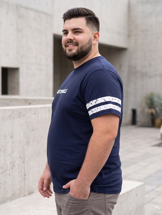Men Plus Size Weft Navy Blue Printed Round Neck Tshirts