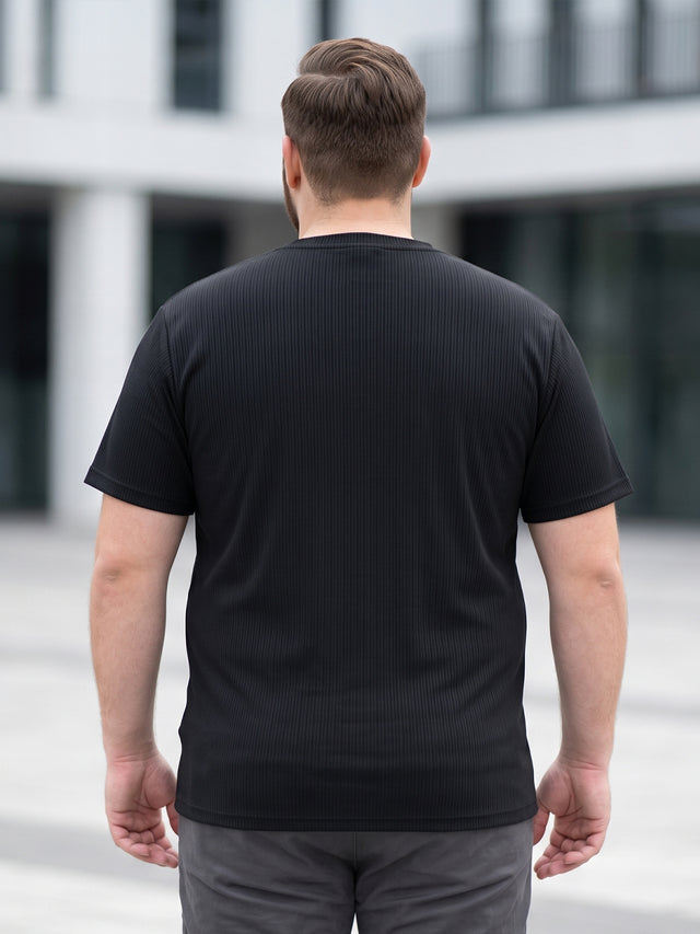 Men Plus Size Stark-Black Black Textured Round Neck Tshirts