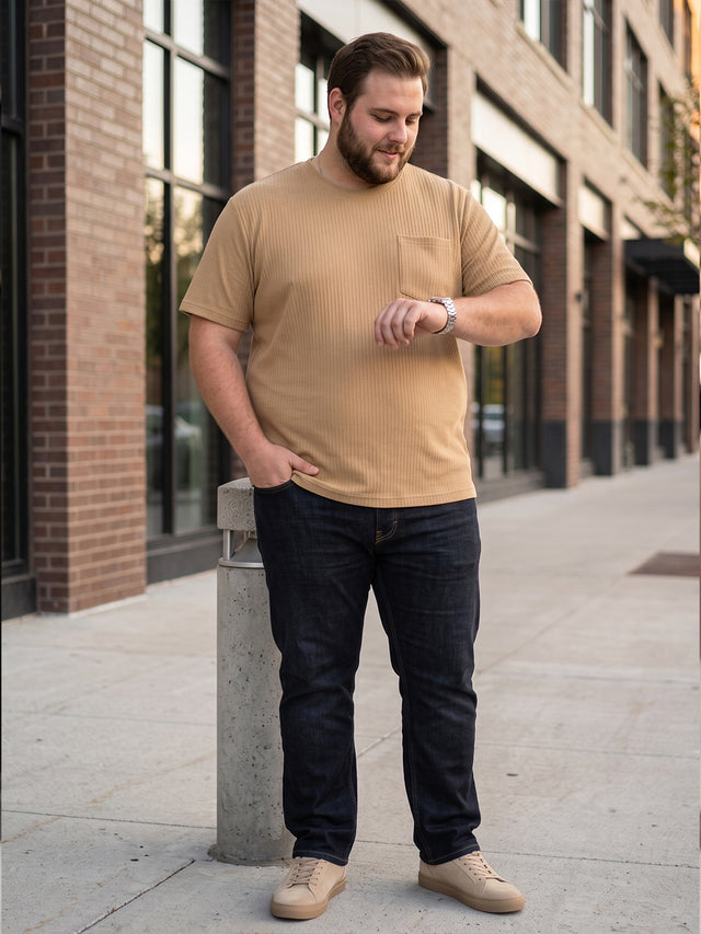 Men Plus Size Stark-Beige Beige Textured Round Neck Tshirts