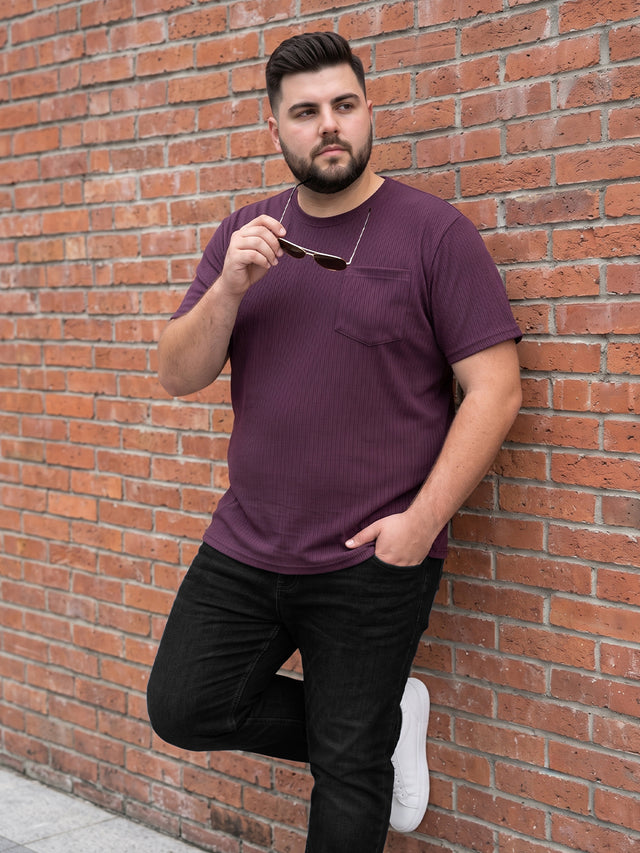 Men Plus Size Stark-Wine Wine Textured Round Neck Tshirts