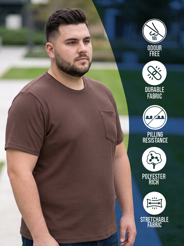 Men Plus Size Stark-Brown Brown Textured Round Neck Tshirts