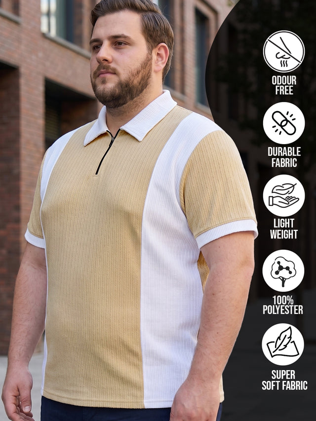 Men Plus Size Elora-Beige Beige Textured Polo T-Shirt