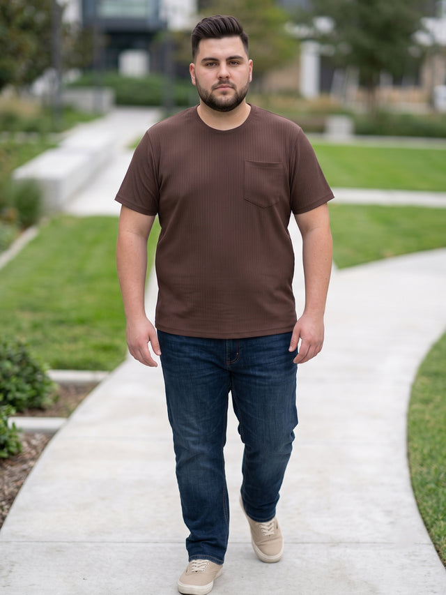 Men Plus Size Stark-Brown Brown Textured Round Neck Tshirts
