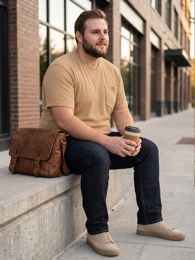 Men Plus Size Stark-Beige Beige Textured Round Neck Tshirts