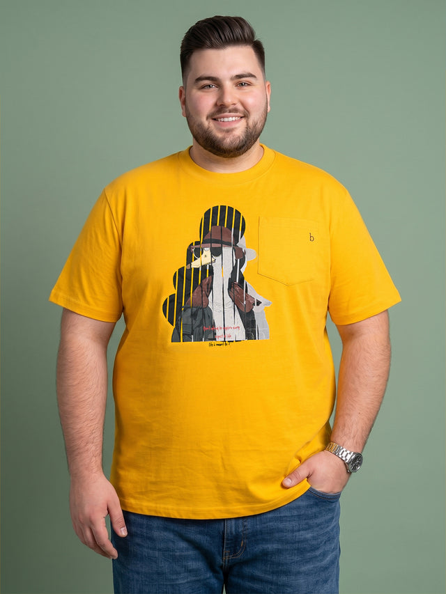 Men Plus Size Solarsketch Yellow Printed Round Neck