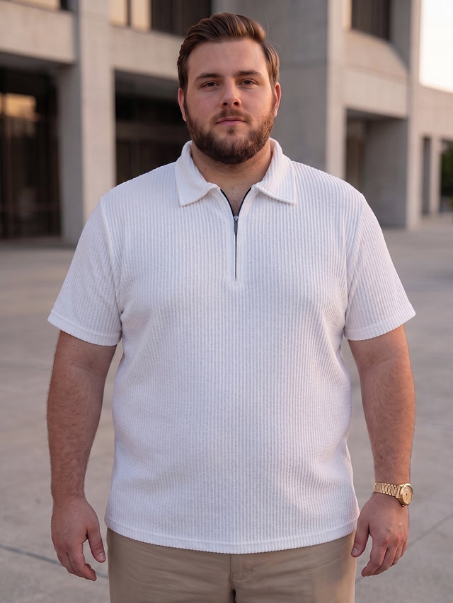 Men Plus Size Wlira White Waffle Polo Tshirt