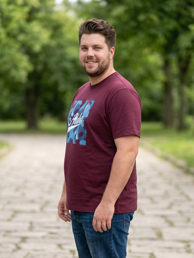Men Plus Size Ripples Maroon Printed Round Neck