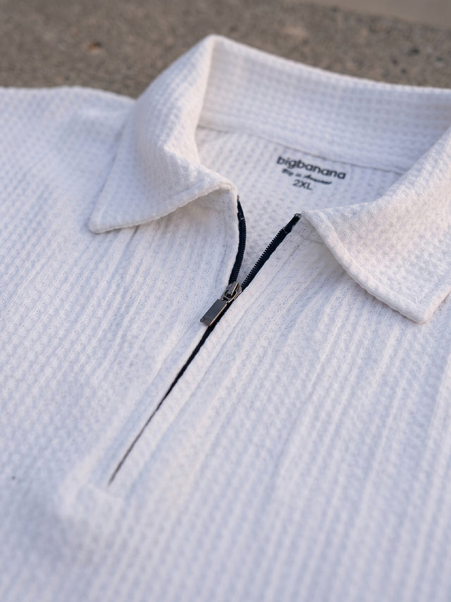 Men Plus Size Wlira White Waffle Polo Tshirt