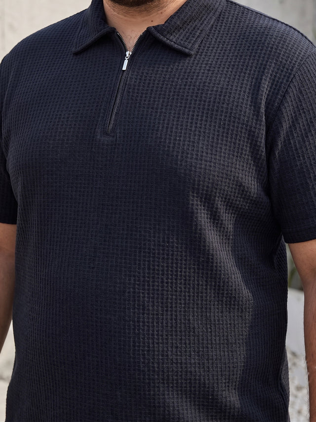 Men Plus Size Kovren Black Textured Polo Tshirt