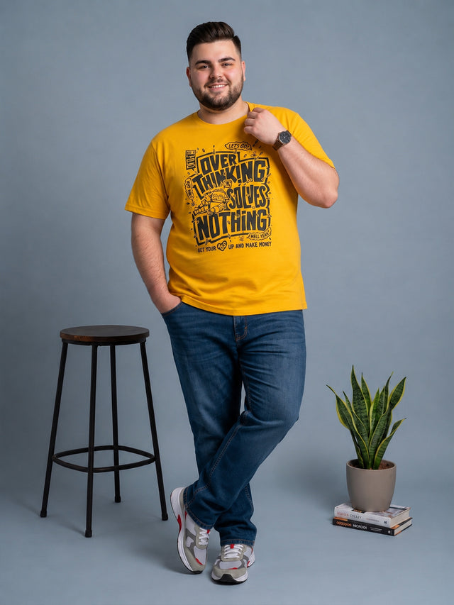 Men Plus Size Ideastorm Yellow Printed Round Neck