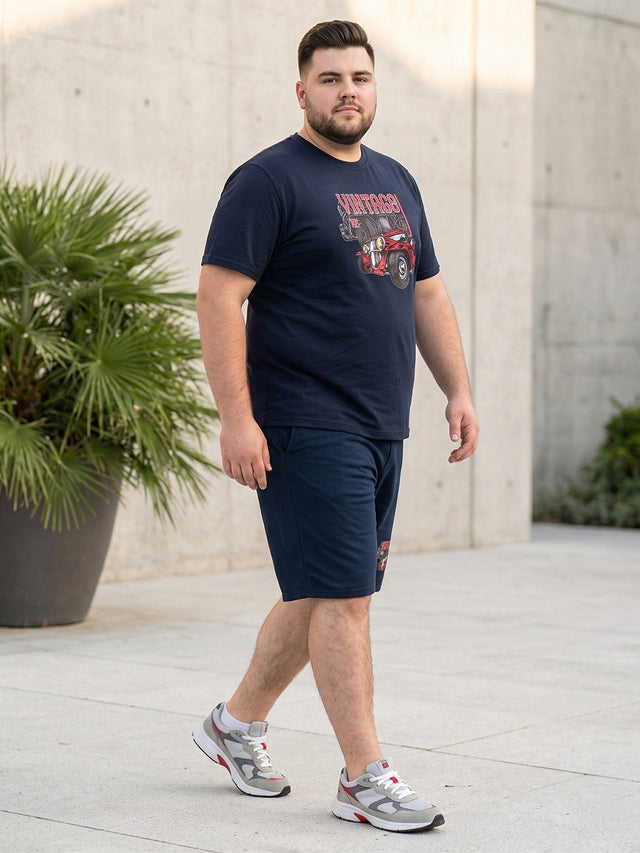 Men Plus Size Throwback Navy Blue Printed Co-Ords