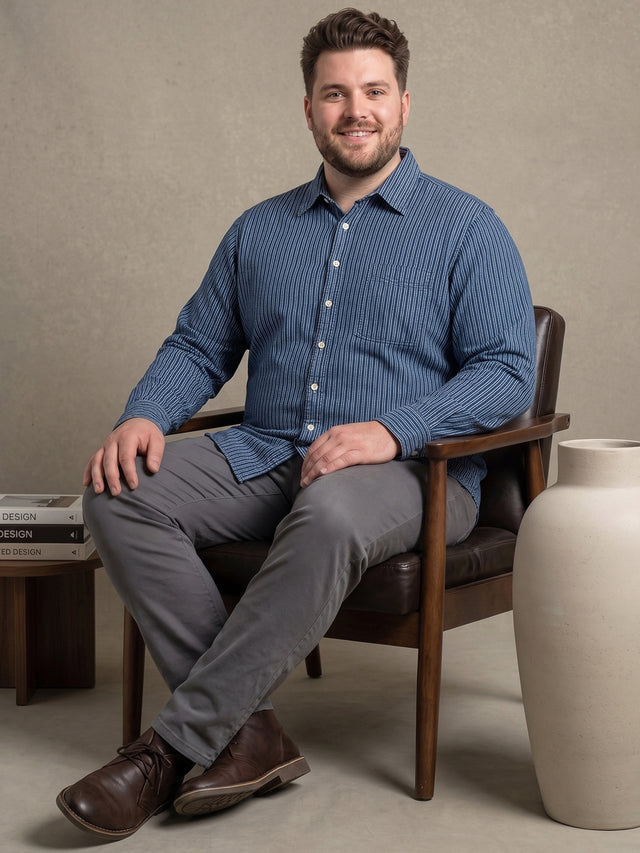 Men Plus Size Stormstripe Navy Blue Striped Shirts