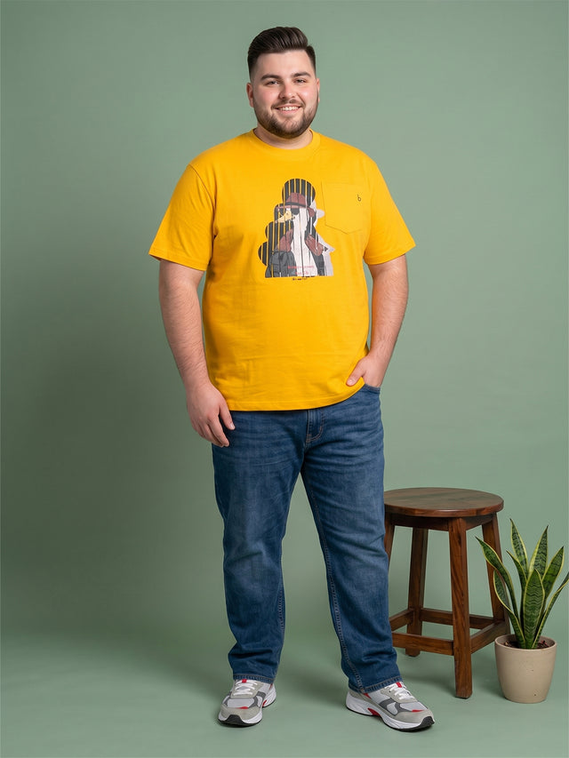 Men Plus Size Solarsketch Yellow Printed Round Neck